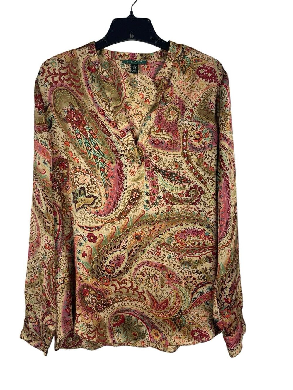 Ralph Lauren XL Paisley Top Pink Beige Boho Western Popover Lightweight Vneck